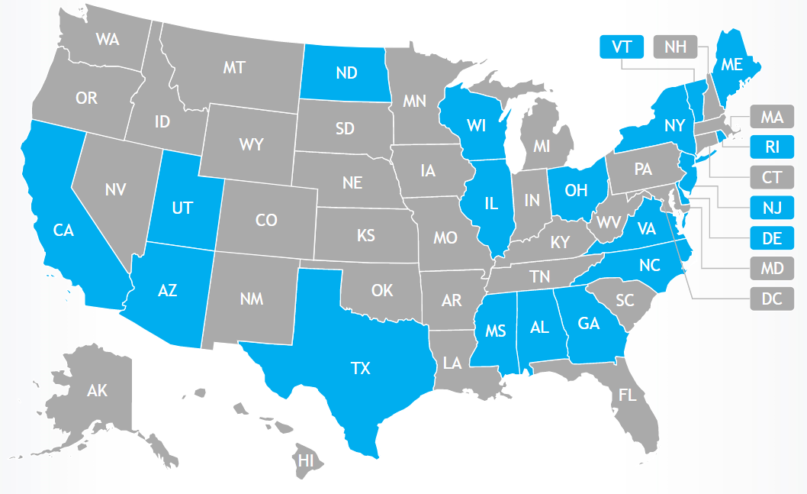 Map of 50 united states with 19 states highlighted in blue