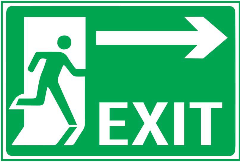 graphic showing word exit, with arrow and a person walking out a door