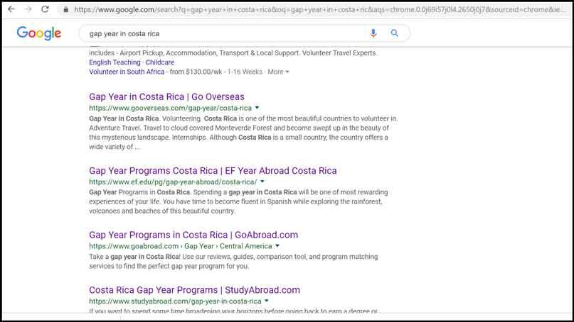 List of Google Search results for phrase gap year in Costa Rica