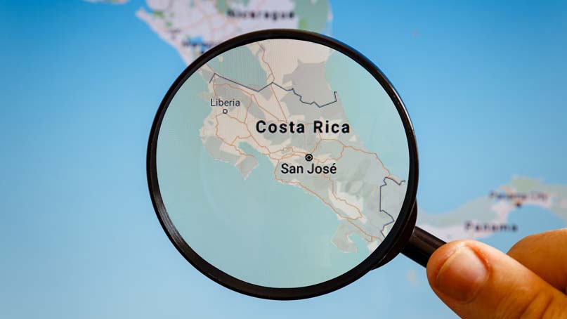 نقشه جهانی با ذره بین در بالای کاستاریکا