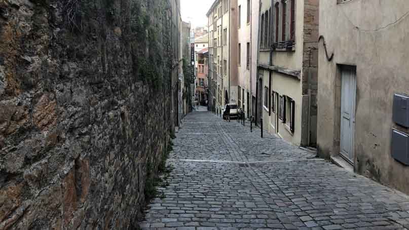 steep cobblestone street in Lyon