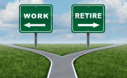 Fork in the road with 2 signs: Work and Retire