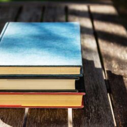 three books on a wood table in daylight