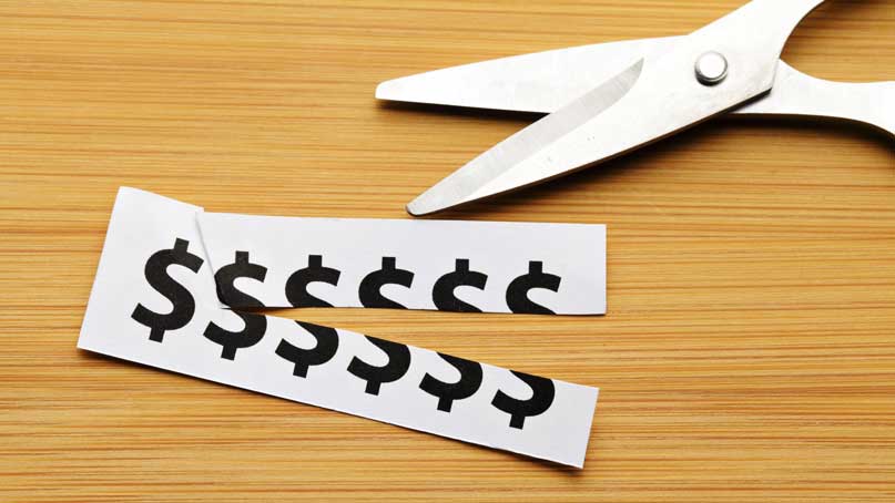 paper with dollar signs cut in half with scissors