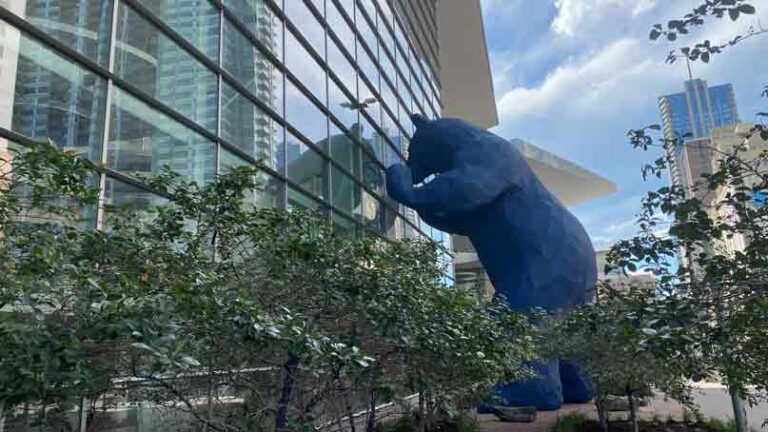 giant bear statue looking into a building