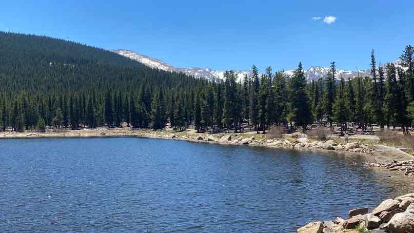 big lake with pine trees behind