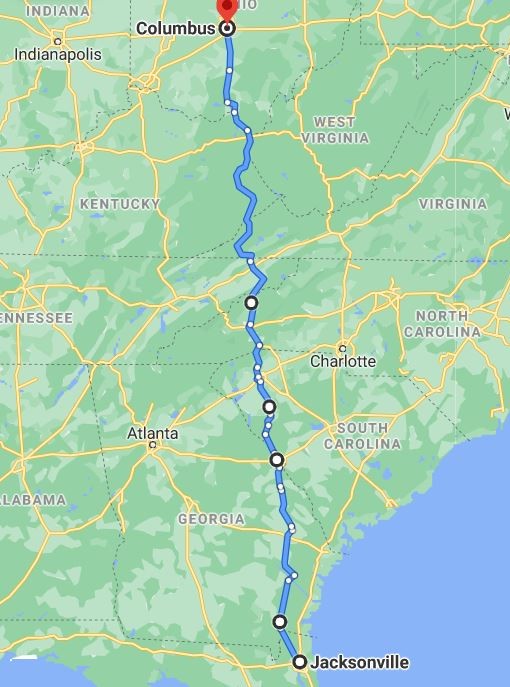 google map showing route from jacksonville to columbus