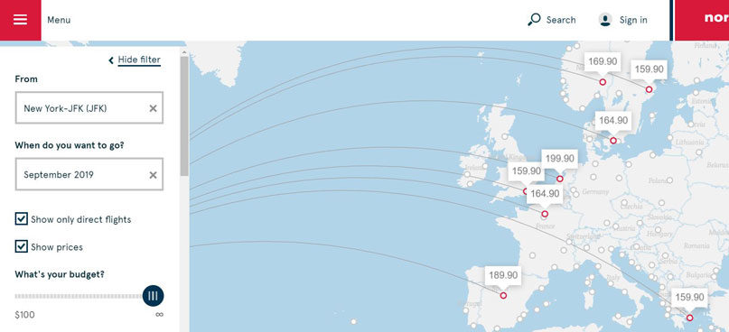 map showing Norwegian Airlines European destinations and prices