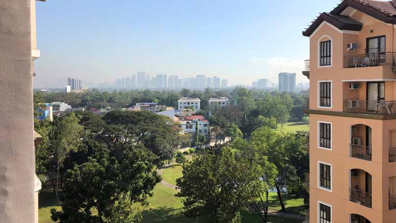 view of a park with city in far background