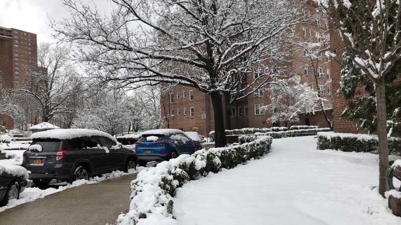 Snowy day in April in New York City as we head out on trip to Philippines