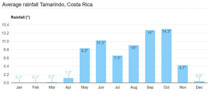 Monthly average rain totals for Tamarindo Costa Rica