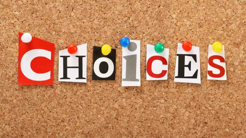 Sign that says "choices", each letter is pinned to a cork board
